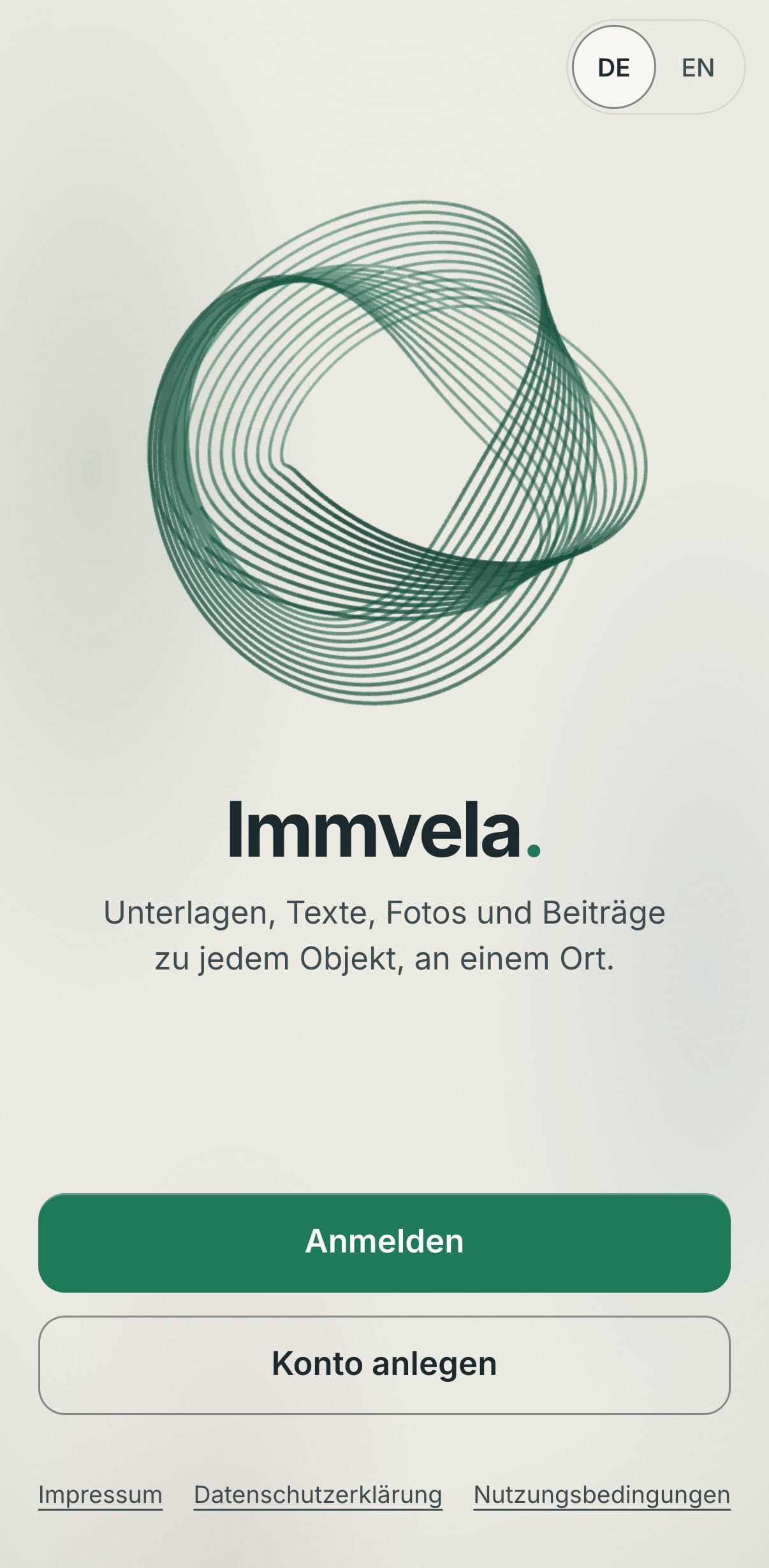 Der Anmeldebildschirm von Immvela am Handy